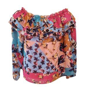 Bar III Off The Shoulder Blouse Top Women's SMALL Pink Blue White Floral Ruffles